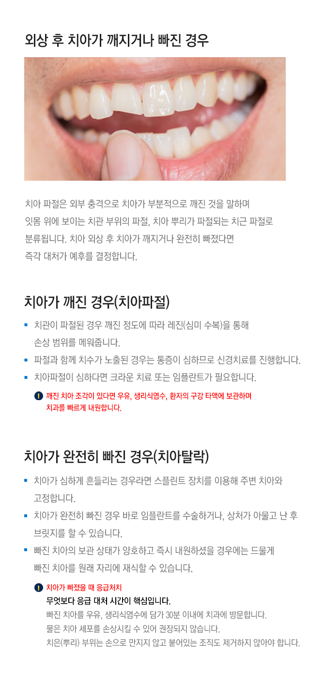 외상 후 치아가 깨지거나 빠진 경우